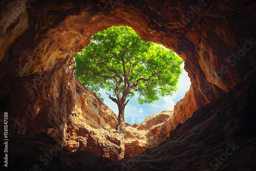 a tree is growing out of a hole in a rock