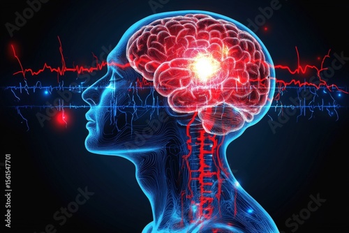 Vector showing brain waves and seizure activity explained with labels for epilepsy education