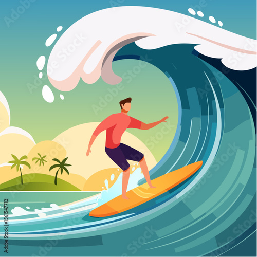 vector illustration of a surfer riding a giant wave, foam splash and curved shapes