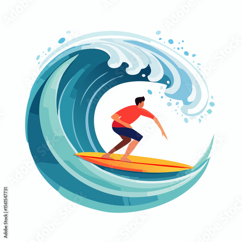 vector illustration of a surfer riding a giant wave, foam splash and curved shapes