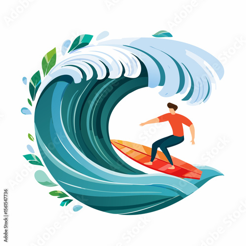 vector illustration of a surfer riding a giant wave, foam splash and curved shapes