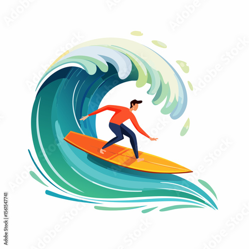 vector illustration of a surfer riding a giant wave, foam splash and curved shapes