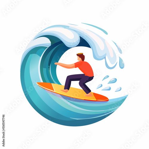 vector illustration of a surfer riding a giant wave, foam splash and curved shapes