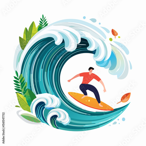 vector illustration of a surfer riding a giant wave, foam splash and curved shapes
