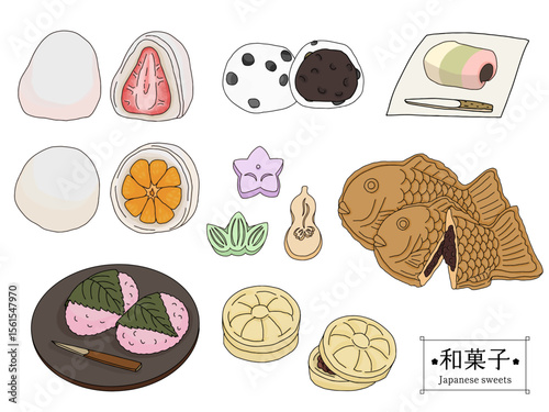 いろいろな和菓子の線画のイラストセット　