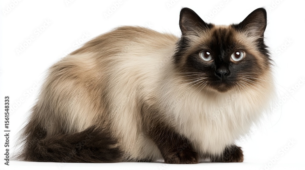 Obraz premium Elegant Siamese cat with striking blue eyes and long fluffy fur sitting white background.