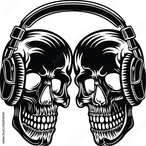 A hand drawn vector illustration of a vintage skull wearing headphones, a symbolic design, unique, scary, expressive, alternative