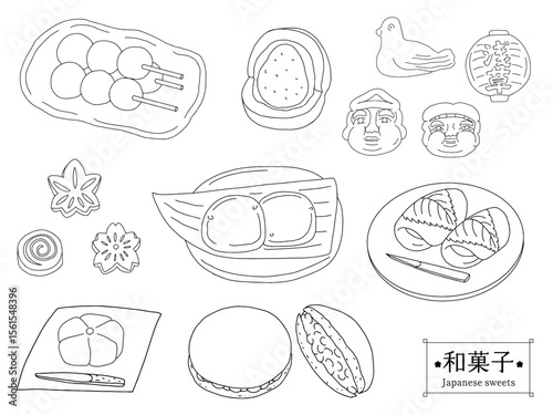 いろいろな和菓子の線画のイラストセット　