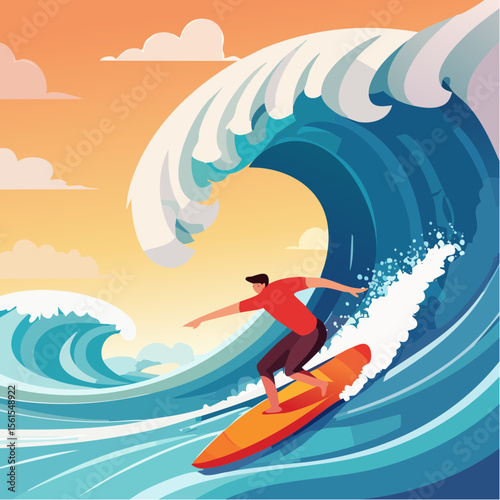 vector illustration of a surfer riding a giant wave, foam splash and curved shapes