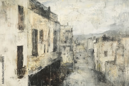 A muted perspective of a narrow city street, with aged, light beige buildings lining both sides.