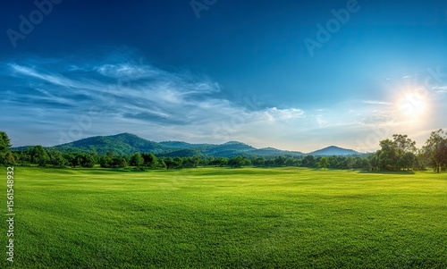 Beautiful green grass field with a blue sky and sun in a golf course landscape background, a nature outdoor beauty panorama view. 