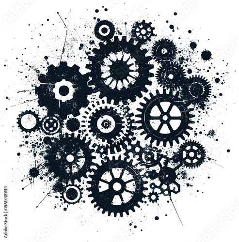 A graphic depiction of various interlocking gears over a spattered background, evoking concepts of machinery, creativity, and industrial aesthetics, featuring abstract art styles.