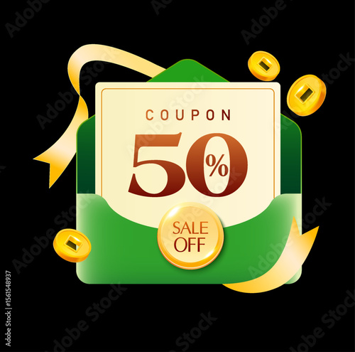 3d light yellow coupon inside a green envelope, with lucky money and golden coins flying around, coupon code and heart icon, isolated on dark background. Cashback gift voucher in 3d vector. Vector