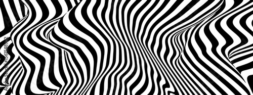 Warp optical illusion pattern with black and white lines for abstract background or retro art. Wavy stripe texture with curvy design for modern poster or decor. Geometric ripple with 3D effect.
