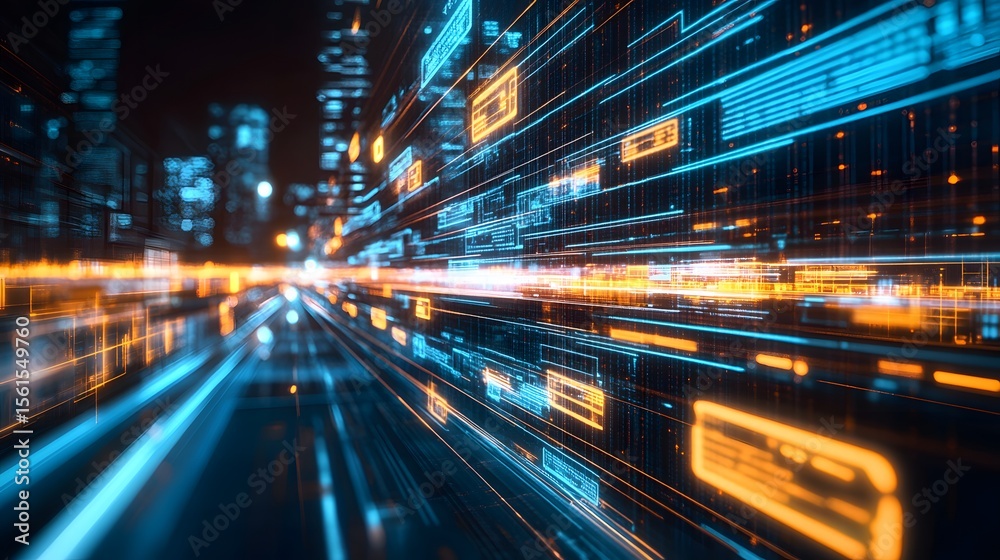 Obraz premium Futuristic cityscapes with digital network overlay.