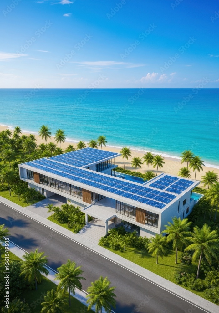 Obraz premium Eco-friendly beachfront home with solar panels coastal area architectural design tropical environment aerial view modern living