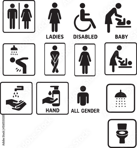 Washroom signs. Restroom or toilet door sign set containing gents, ladies, disabled, baby changing. Printable sticker