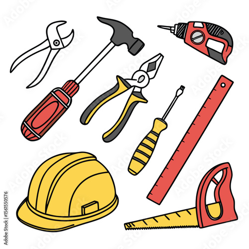 Illustration of construction tools including a hammer saw drill and safety helmet on a white background