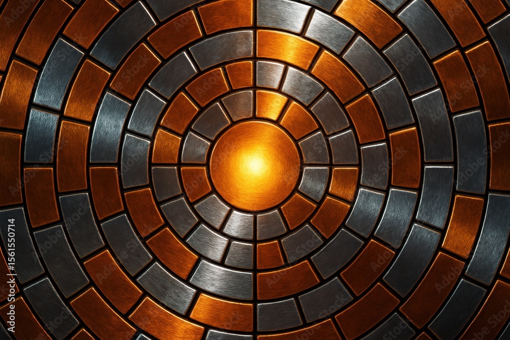 Fototapeta premium Futuristic concentric metal tile pattern with glowing orange center