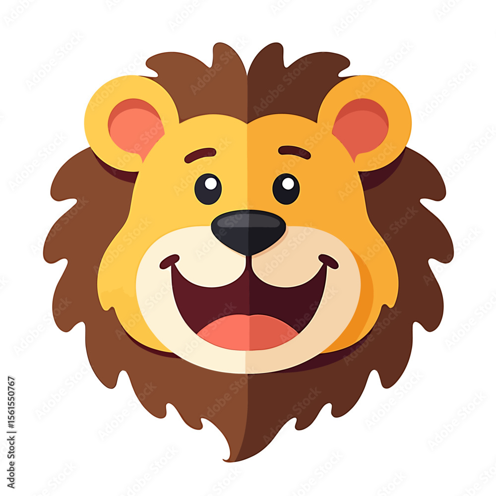 Fototapeta premium A cheerful cartoon lion head with a big smile, flat design style, perfect for children's illustrations, logos, or branding projects needing a friendly and playful mascot.