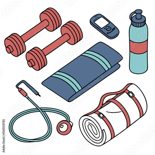 Isometric view of fitness equipment including dumbbells towel water bottle and jump rope on white background