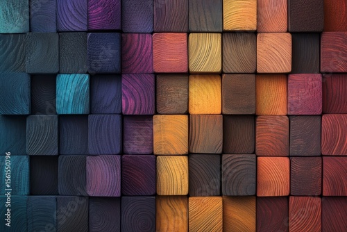 Colorful wooden cubes arranged in a grid pattern, showing various shades and textures of stained wood.