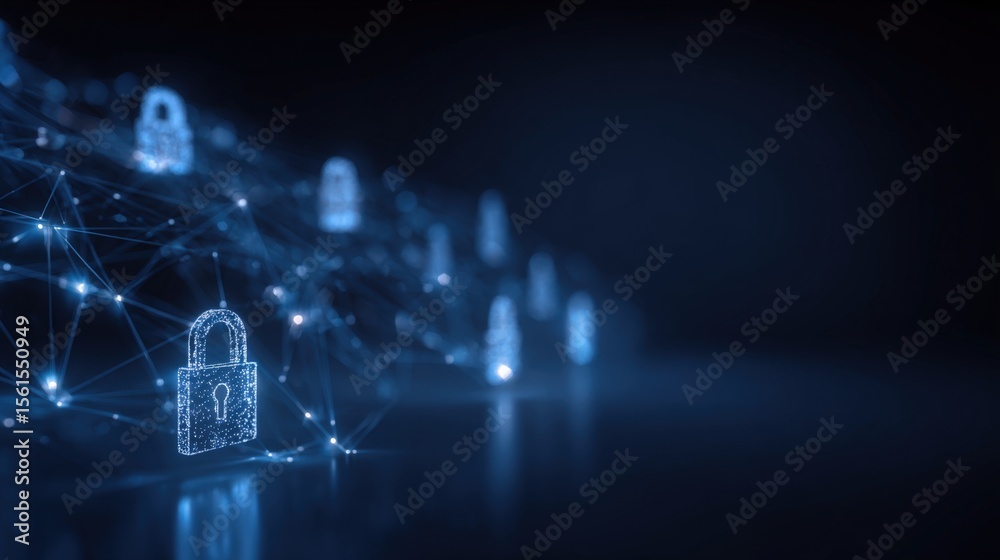 Naklejka premium Digital Security Concept with Network of Lock Icons and Data Protection Elements.
