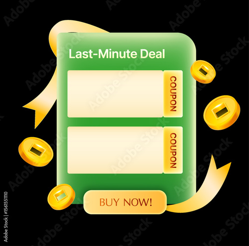 Last minute deal coupon popup banner template with empty vouchers on a dialog, golden coins flying around, isolated on background. Gift voucher sale discount popup banner in 3d vector. Vector