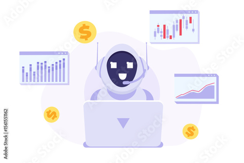 Trading bot or  robot, ai trader, automatic stock trading concept. Vector illustration