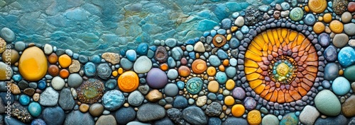 Colorful pebble mosaic artwork featuring a spiral design against a blue background.