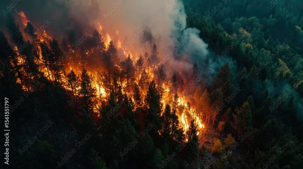 Fototapeta premium Intense wildfire burning through forested hillside causing massive smoke and flames.