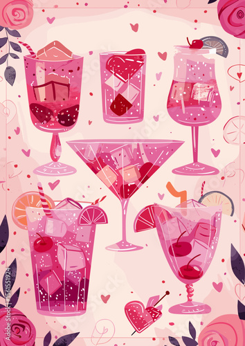 Colorful cocktails in various glasses with fruits and ice on pink background  