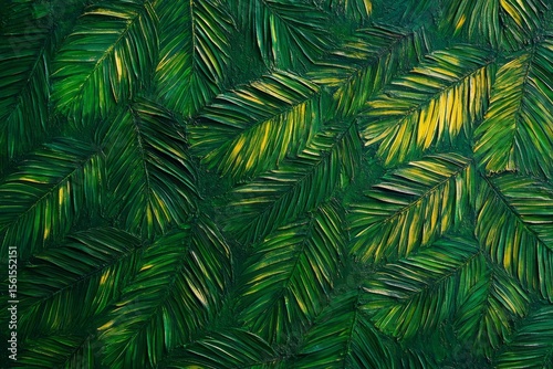 Lush green and yellow palm leaves textured background.
