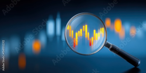 Close up of a magnifying glass analyzing colorful financial stock market data display.