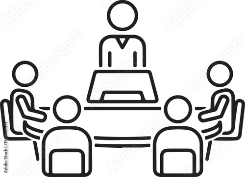 Office business people, some in wheelchairs, work at desks with computers and icons