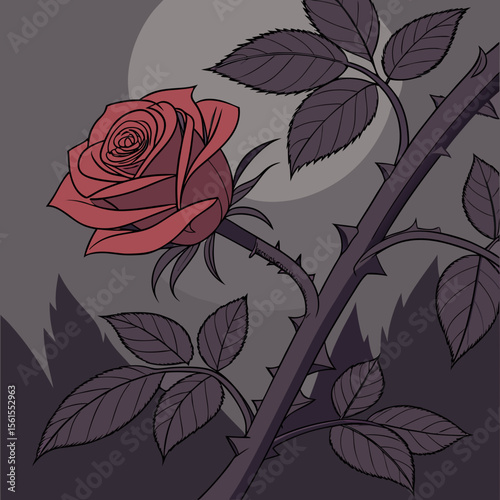 Elegant red rose with thorns and leaves illustration against a dramatic night sky