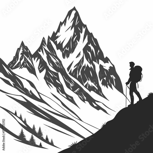 Silhouette of a hiker ascending a mountain peak with snow capped peaks in the background