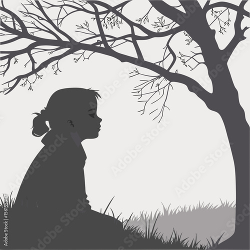 Silhouette of a contemplative child sitting beneath a tree with a simple minimalist style