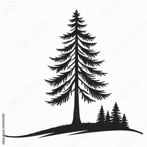 Silhouette of a majestic evergreen tree surrounded by smaller conifers in a natural landscape