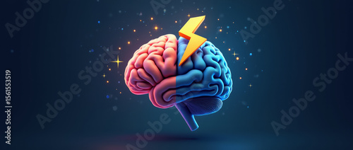 Stylized 3D Brain with Lightning Bolt Above on the Left and Modern Open Space on the Right