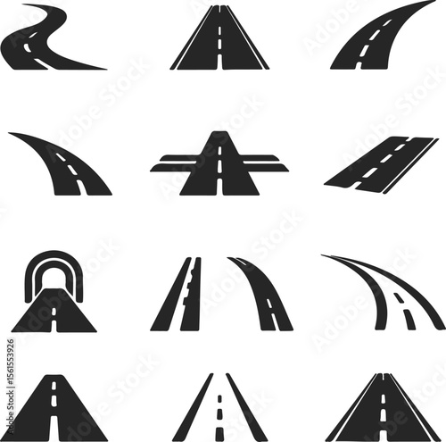 Comprehensive Road Icon Set Diverse Vector Illustrations of Roads, Highways, and More