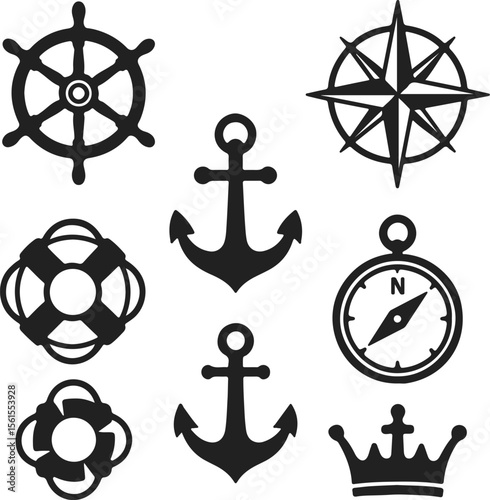 Nautical Icon Set Anchors, Wheels, Compass, and Life Preserver Illustrations