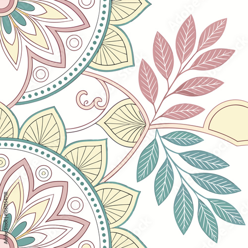 Floral mandala design with pastel colors and leaf accents in a corner arrangement on white background
