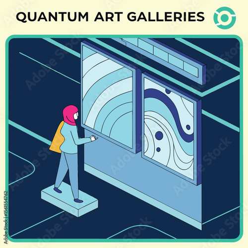 A woman in a hijab viewing art pieces in a modern art gallery with geometric designs and cool color tones