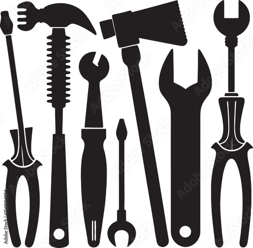 Collection of silhouetted hand tools including a hammer and wrenches	