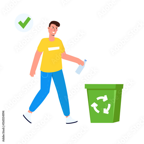 Littering behavior, correct examples of throwing out garbage. Vector illustration.