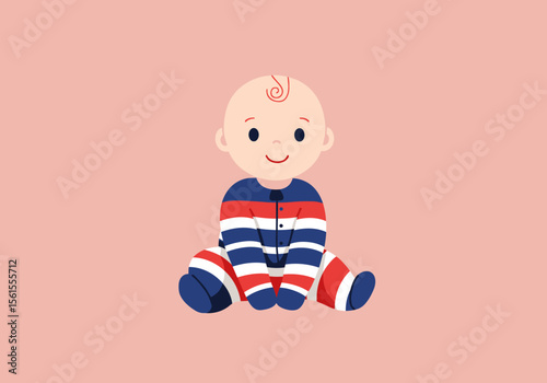 Cartoon Baby Sitting with Red White and Blue Striped Outfit and Swirl Hair.