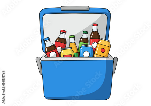Cartoon Blue Cooler Filled with Bottles and Cans of Various Beverages.