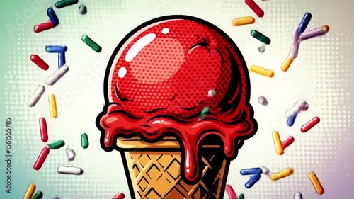 Fun and colorful ice cream cone with playful sprinkles and halftone dots, bursting with retro comic energy.