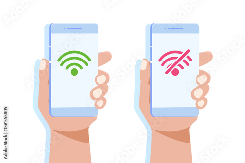 Hand holding smartphone with No wifi sign and good wifi connection. Bad internet. Vector illutration in flat style.